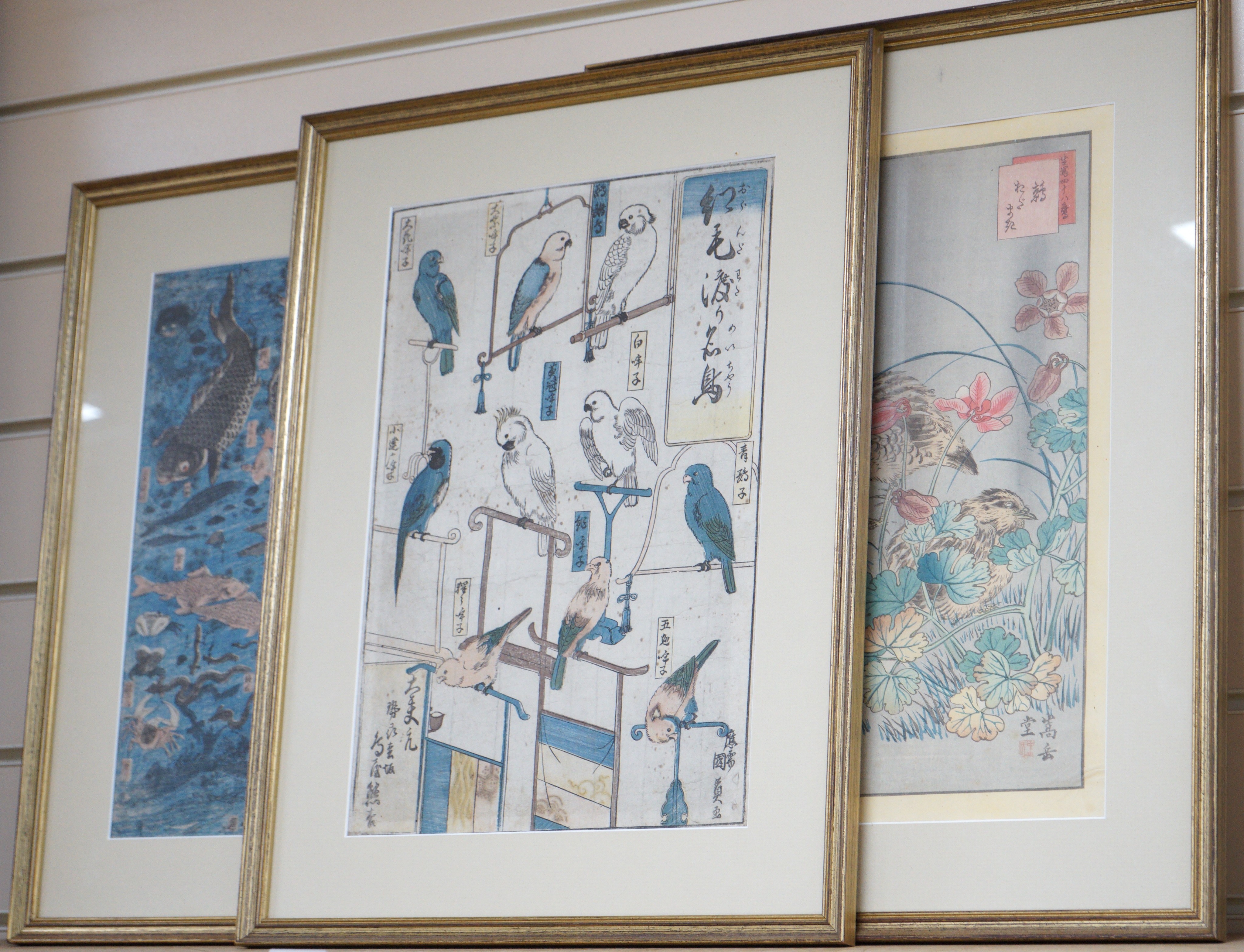 Kunisada (1786-1865), woodcut, Study of perching birds, 35 x 24cm and two other prints